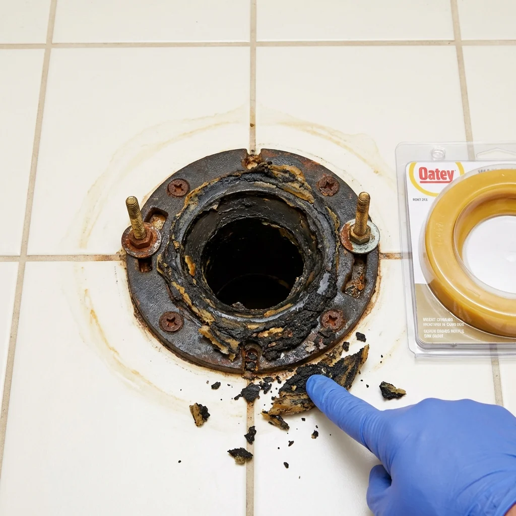 Failed wax ring showing water seepage at the base of a toilet in a Spencer, NC home
