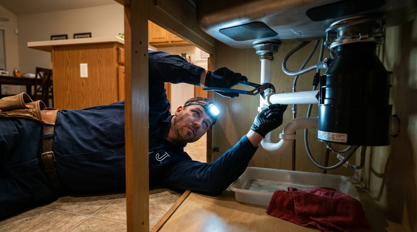 P-trap and supply line connections under a kitchen sink showing a common leak point in Spencer, NC